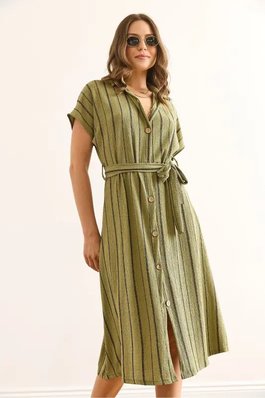 Women's Green Belted Striped Mini Shirt Dress ELB - 5