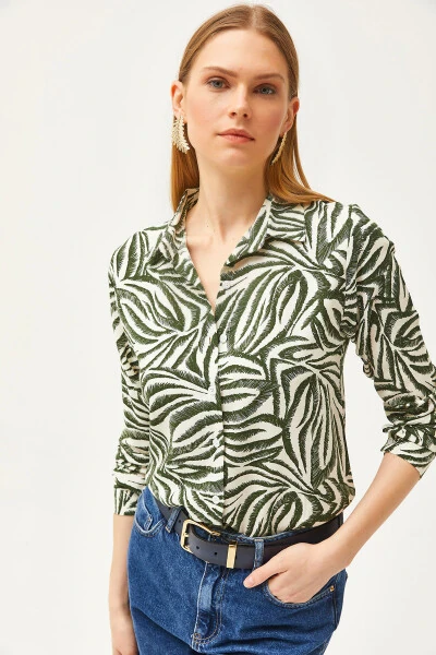 Women's Green Black Pencil Effect Woven Shirt GML-19001175 - OLALOOK