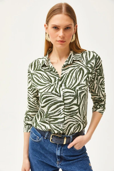 Women's Green Black Pencil Effect Woven Shirt GML-19001175 - 4