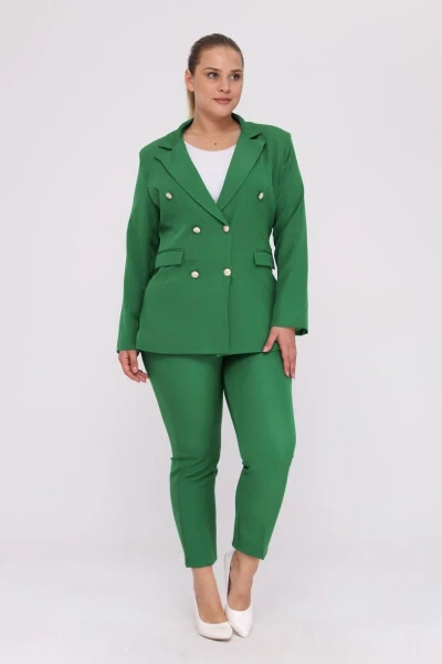 Women's Green Blazer Jacket with Belt, Pockets and Wide Leg Trousers Plus Size Suit - SİZ