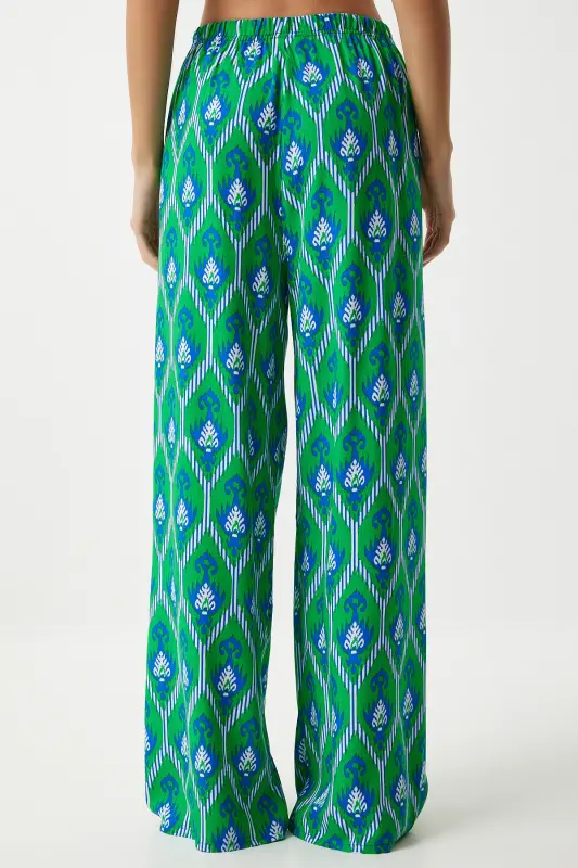 Women's Green Blue Patterned Flowy Viscose Palazzo Pants EN00606-Green Blue - 6