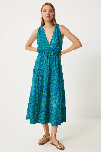 Women's Green Blue Patterned V-Neck Summer Viscose Dress CI00110-Green Blue - 4