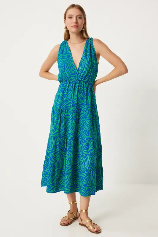Women's Green Blue Patterned V-Neck Summer Viscose Dress CI00110-Green Blue - 4