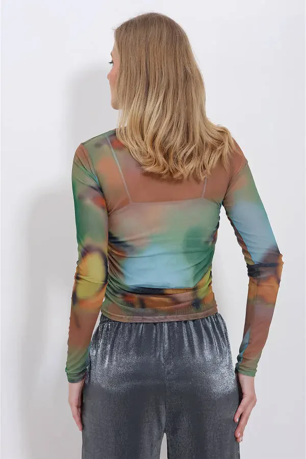 Women's Green-Caramel Crew Neck Digital Patterned Side Ruched Tulle Blouse ALC-X11388 - 5