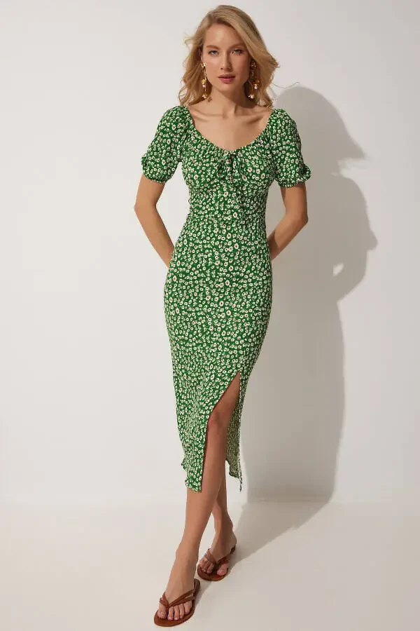 Women's Green Carmen Collar Slit Summer Knit Dress FF00113 - 1