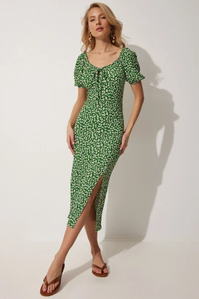 Women's Green Carmen Collar Slit Summer Knit Dress FF00113 - 4