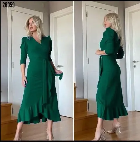 Women's Green Crepe Fabric Midi Length Belted Long Sleeve Dress - 1