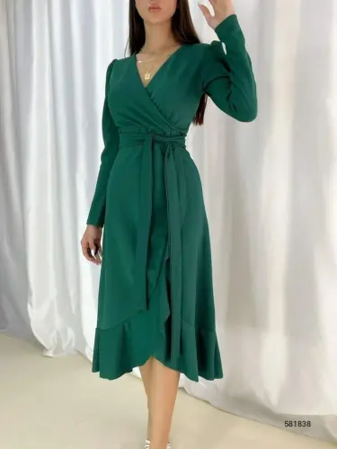 Women's Green Crepe Fabric Midi Length Belted Long Sleeve Dress - BÜYÜKBEDENIZ (1)