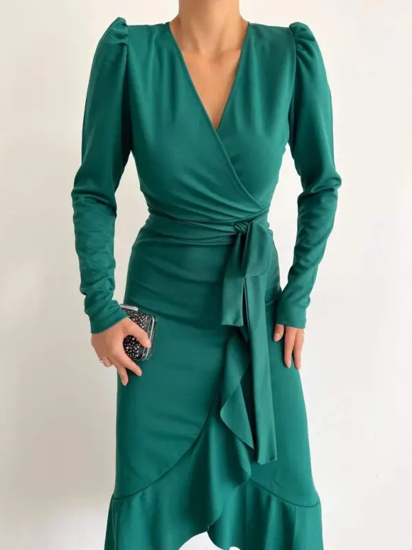Women's Green Crepe Fabric Midi Length Belted Long Sleeve Dress - 4