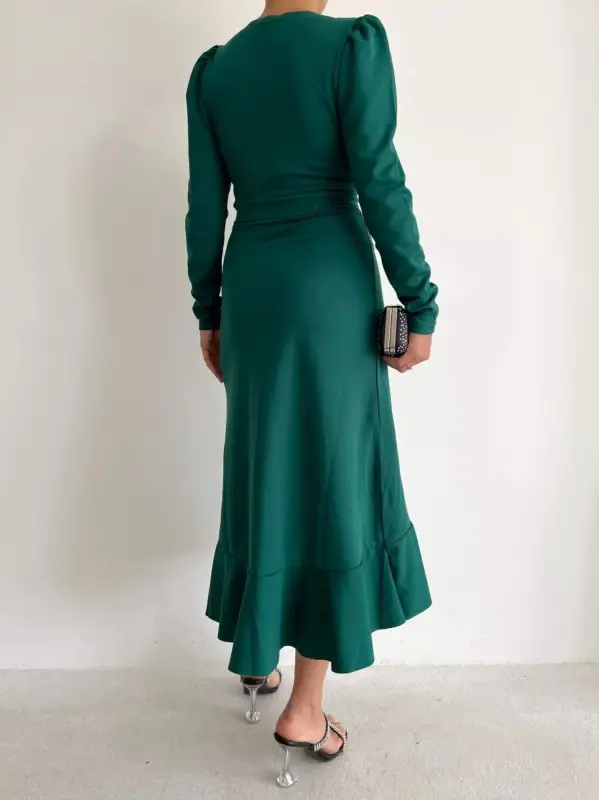 Women's Green Crepe Fabric Midi Length Belted Long Sleeve Dress - 5