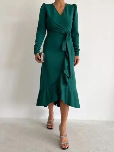 Women's Green Crepe Fabric Midi Length Belted Long Sleeve Dress - 6