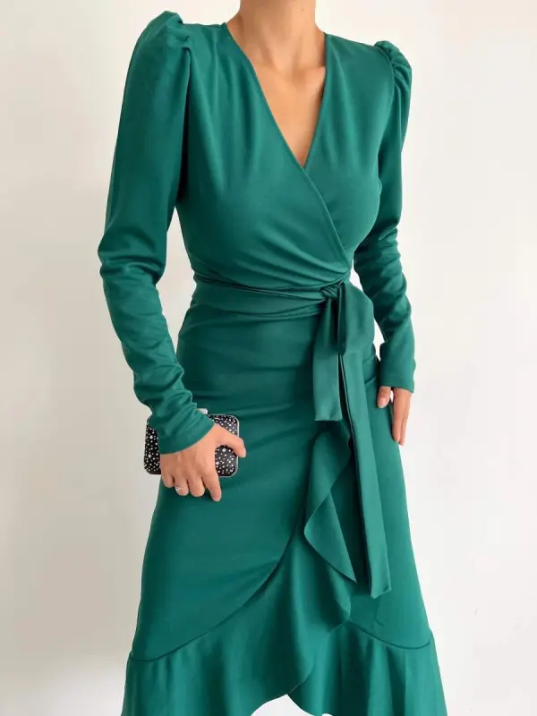 Women's Green Crepe Fabric Midi Length Belted Long Sleeve Dress - 7