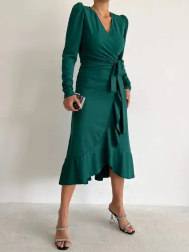 Women's Green Crepe Fabric Midi Length Belted Long Sleeve Dress - 8