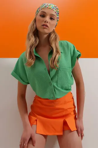 Women's Green Cuffed Double Short Sleeve Textured Shirt ALC-X8724 - 3