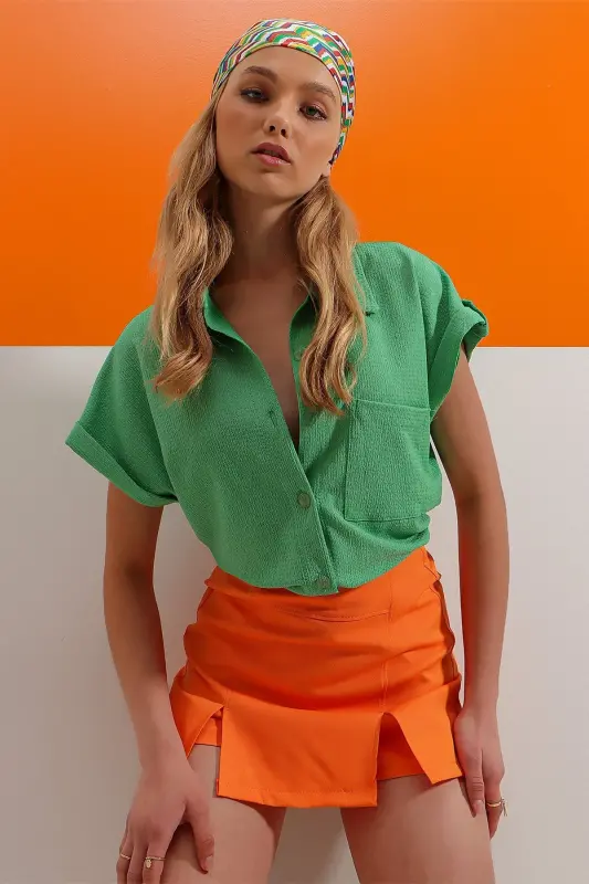Women's Green Cuffed Double Short Sleeve Textured Shirt ALC-X8724 - 3