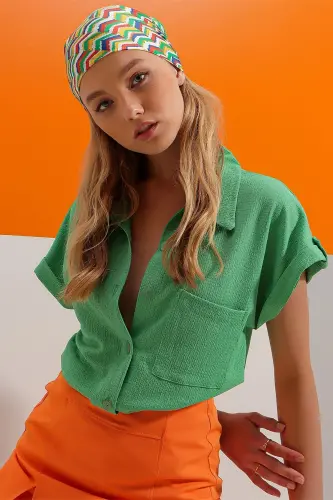 Women's Green Cuffed Double Short Sleeve Textured Shirt ALC-X8724 - 4
