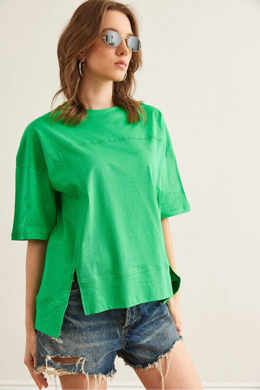 Women's Green Cut-Out Front Cotton T-Shirt with Seam Detail T - OLALOOK