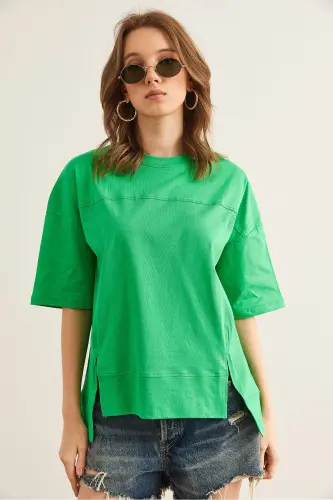 Women's Green Cut-Out Front Cotton T-Shirt with Seam Detail T - OLALOOK (1)
