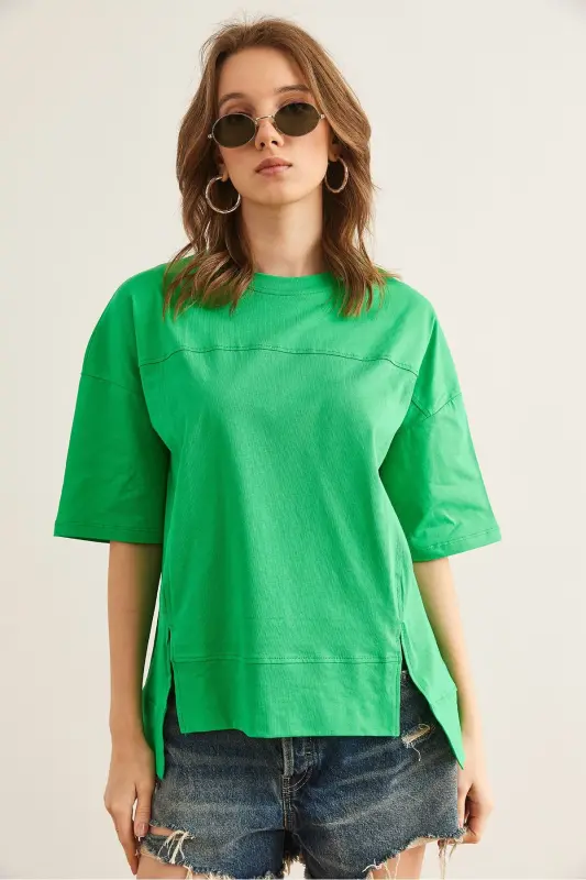Women's Green Cut-Out Front Cotton T-Shirt with Seam Detail T - 2