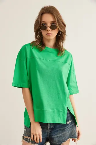 Women's Green Cut-Out Front Cotton T-Shirt with Seam Detail T - 3