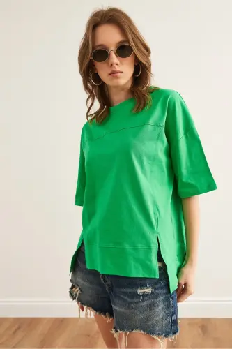 Women's Green Cut-Out Front Cotton T-Shirt with Seam Detail T - 4