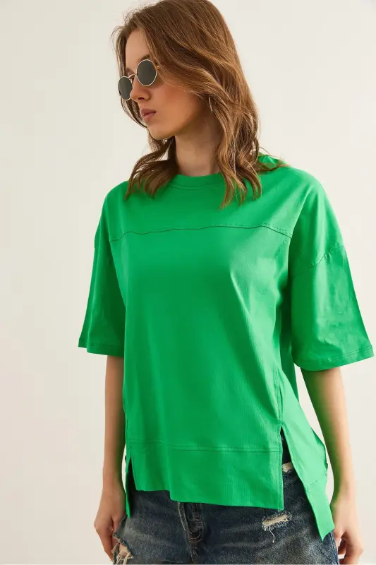 Women's Green Cut-Out Front Cotton T-Shirt with Seam Detail T - 5