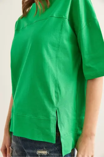 Women's Green Cut-Out Front Cotton T-Shirt with Seam Detail T - 6