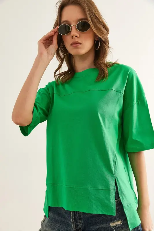 Women's Green Cut-Out Front Cotton T-Shirt with Seam Detail T - 7