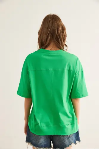 Women's Green Cut-Out Front Cotton T-Shirt with Seam Detail T - 8