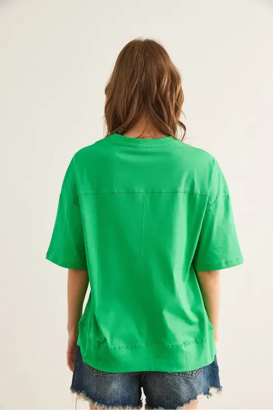Women's Green Cut-Out Front Cotton T-Shirt with Seam Detail T - 8