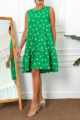 Women's Green Daisy Pattern Sleeveless Ruffled Dress ARM-22Y001123-Green - ARMONIKA (1)