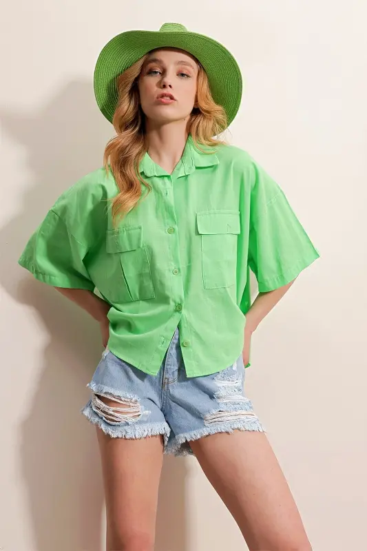 Women's Green Double Pocket Short Sleeve Linen Shirt ALC-X9991-Green - 1