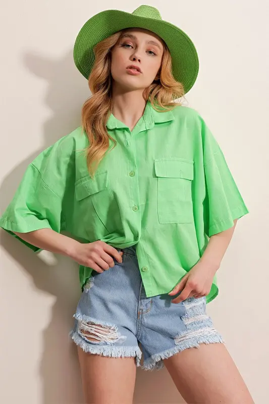 Women's Green Double Pocket Short Sleeve Linen Shirt ALC-X9991-Green - 2