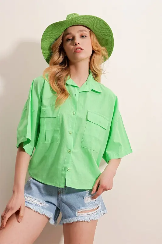 Women's Green Double Pocket Short Sleeve Linen Shirt ALC-X9991-Green - 3