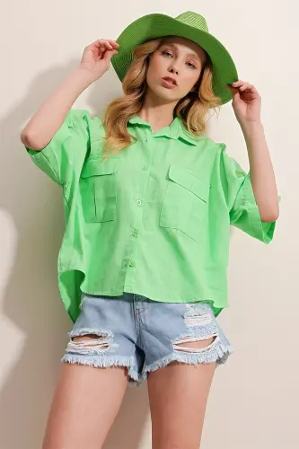Women's Green Double Pocket Short Sleeve Linen Shirt ALC-X9991-Green - 4