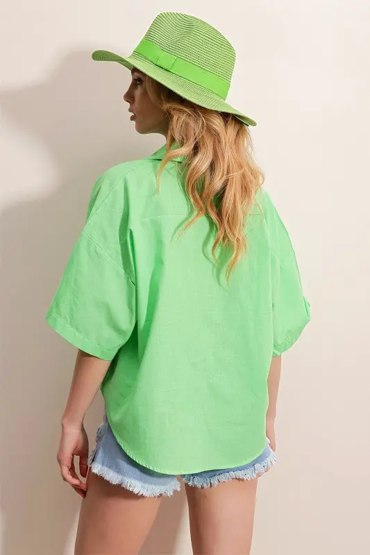 Women's Green Double Pocket Short Sleeve Linen Shirt ALC-X9991-Green - 5