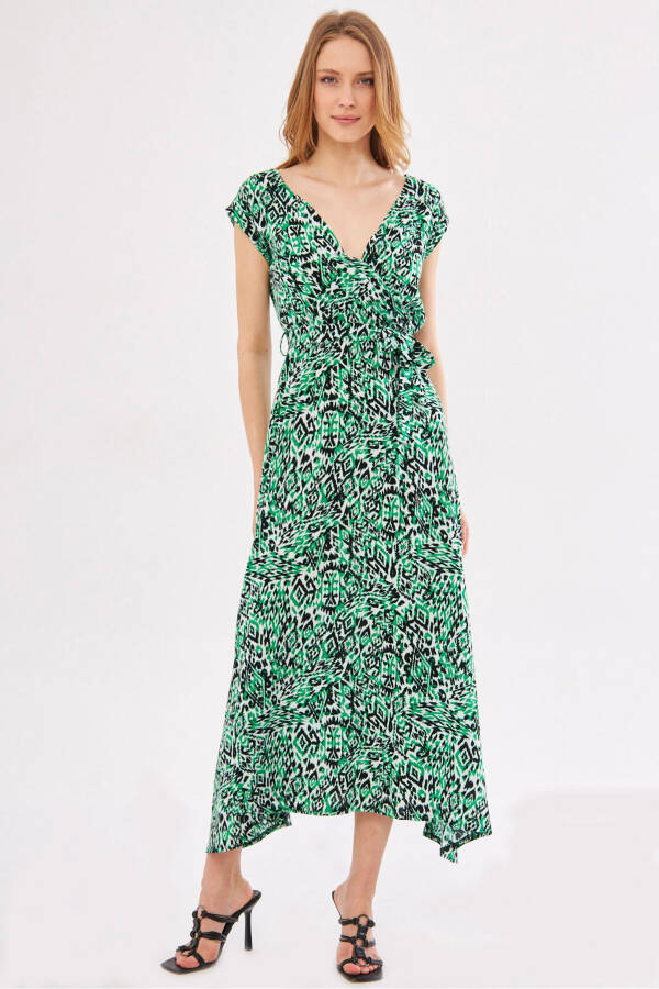 Women's Green Efta Dress Back And Front V-neck With Belt Patterned Midi Length ARM-24Y001027 - 6