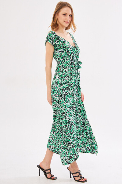 Women's Green Efta Dress Back And Front V-neck With Belt Patterned Midi Length ARM-24Y001027 - 7