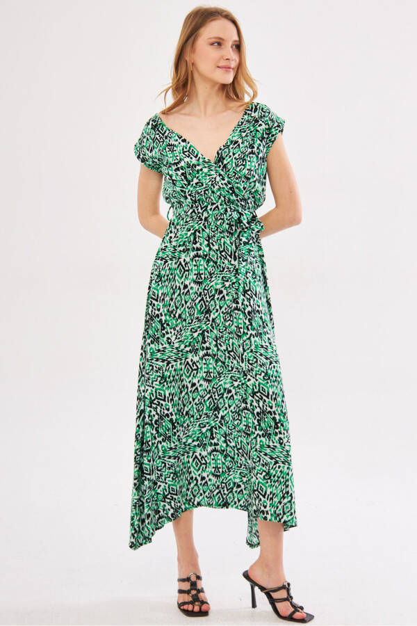 Women's Green Efta Dress Back And Front V-neck With Belt Patterned Midi Length ARM-24Y001027 - 9