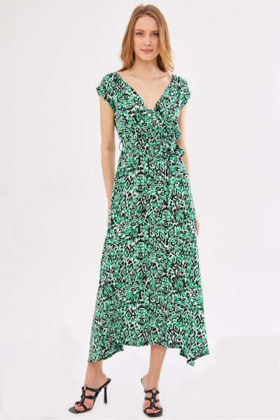 Women's Green Efta Dress Back And Front V-neck With Belt Patterned Midi Length ARM-24Y001027 - 1