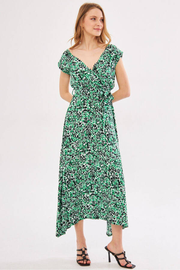 Women's Green Efta Dress Back And Front V-neck With Belt Patterned Midi Length ARM-24Y001027 - 4