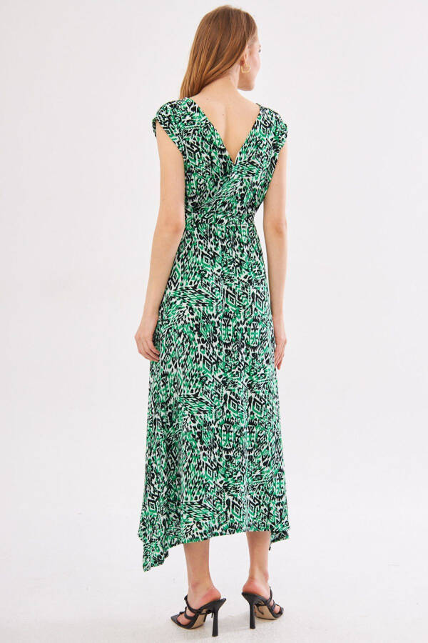 Women's Green Efta Dress Back And Front V-neck With Belt Patterned Midi Length ARM-24Y001027 - 5