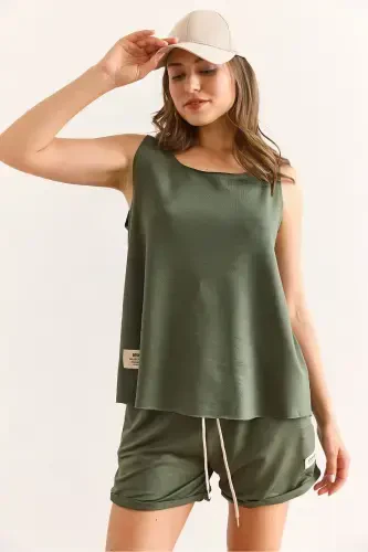 Women's Green Emblem Detailed Shorts Crystal Set TKM- - 3