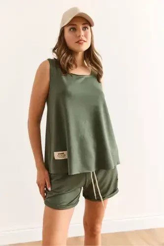 Women's Green Emblem Detailed Shorts Crystal Set TKM- - 6