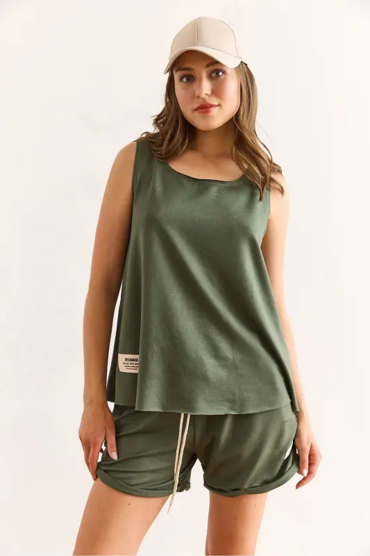 Women's Green Emblem Detailed Shorts Crystal Set TKM- - 2