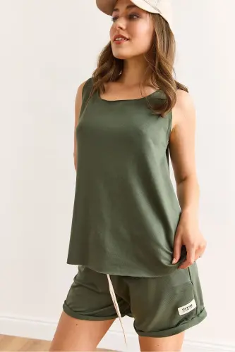 Women's Green Emblem Detailed Shorts Crystal Set TKM- - 4