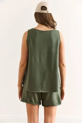 Women's Green Emblem Detailed Shorts Crystal Set TKM- - 7