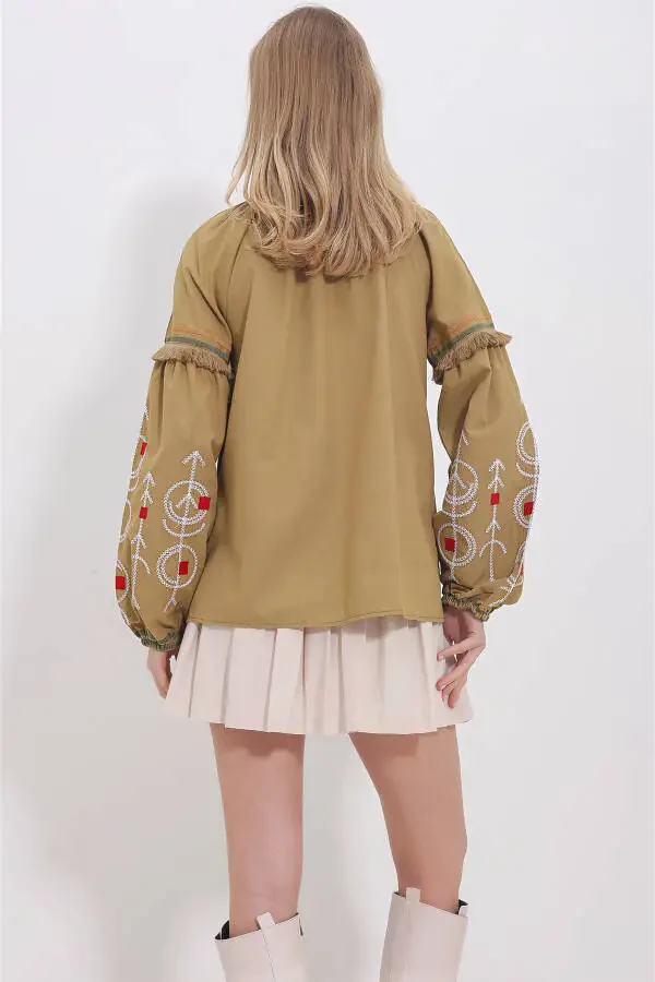 Women's Green Embroidered Tassel Detail Woven Blouse ALC-X11375 - 5