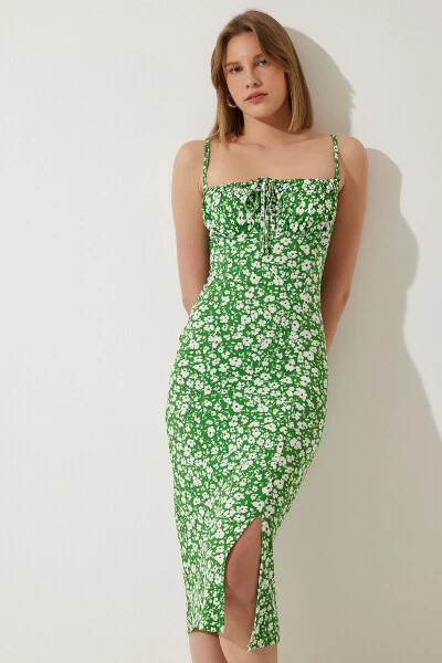 Women's Green Floral Print Summer Knit Dress with Slit CI00029 - HAPPINESS İSTANBUL