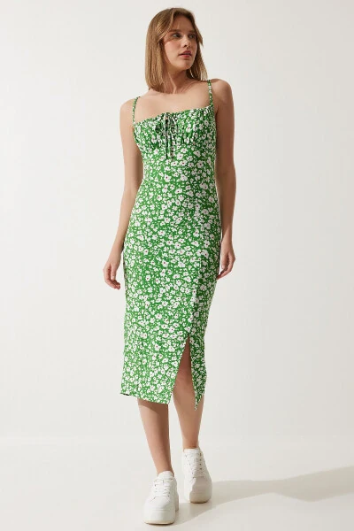 Women's Green Floral Print Summer Knit Dress with Slit CI00029 - 3